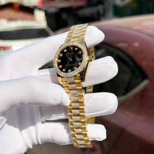 Đồng Hồ Rolex Nữ Đính Moissanite Bọc Vàng 18K Mặt Màu Đen GMF 31mm (1)