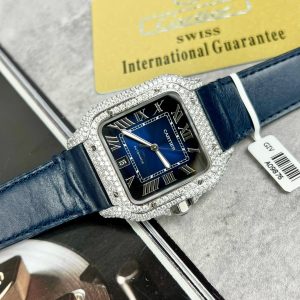 Đồng Hồ Cartier Santos Chế Tác Đá Moissanite Hong Kong Màu Xanh Blue (10)