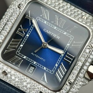 Đồng Hồ Cartier Santos Chế Tác Đá Moissanite Hong Kong Màu Xanh Blue (10)