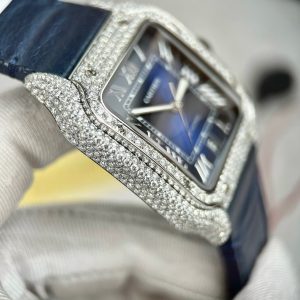 Đồng Hồ Cartier Santos Chế Tác Đá Moissanite Hong Kong Màu Xanh Blue (10)