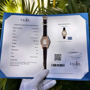 Đồng Hồ Chopard Nữ Dây Da Phủ Vàng Đính Đá Moissanite Mặt Elip 34mm (1)