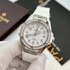 Đồng Hồ Hublot Đính Đá Dây Cao Su Màu Trắng Máy Thụy Sỹ 39mm (1)