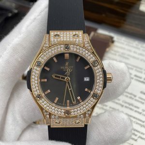 Đồng Hồ Hublot Nữ Đính Đá Dây Cao Su Màu Đen Máy Pin Nhật 34mm (1)