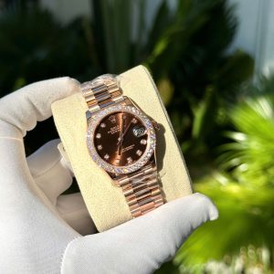 Đồng Hồ Nữ Rolex Phủ Vàng Hồng Đính Moissanite Mặt Socola 31mm (3)