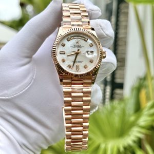 Đồng Hồ Rolex Chế Tác Phủ Vàng Hồng 18K Mặt Xà Cừ Moissanite Day-Date 36mm (7)