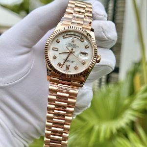 Đồng Hồ Rolex Chế Tác Phủ Vàng Hồng 18K Mặt Xà Cừ Moissanite Day-Date 36mm (7)