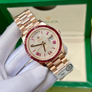 Đồng Hồ Rolex Day-Date Chế Tác Phủ Vàng Ruby Đỏ Đá Moissanite Xưởng GM 40mm (2)