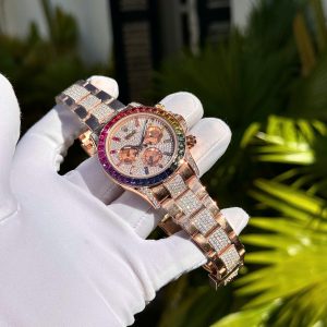 Đồng Hồ Rolex Daytona Rainbow Phủ Vàng 18K Đính Full Đá Moissanite 40mm (2)
