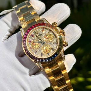 Đồng Hồ Rolex Daytona Rainbow Phủ Vàng Vàng 18K Đính Đá Quý Nhân Tạo 40mm (8)