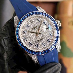 Đồng Hồ Rolex Fake Cao Cấp Đính Đá Viền Xanh DateJust 41mm (2)