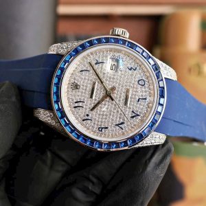 Đồng Hồ Rolex Fake Cao Cấp Đính Đá Viền Xanh DateJust 41mm (2)