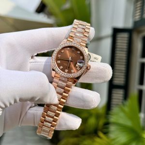Đồng Hồ Rolex Nữ Đính Full Đá Moissanite Phủ Vàng Hồng 18K 31mm (1)