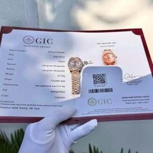 a hand holding a watch in a green box