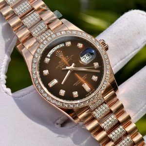 Đồng Hồ Rolex Phủ Vàng Đính Moissanite Mặt Số Nâu Ombre 36mm (7)