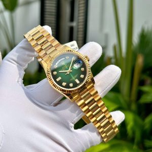 Đồng Hồ Rolex Phủ Vàng Đính Moissanite Mặt Số Xanh Ombre 36mm (1)