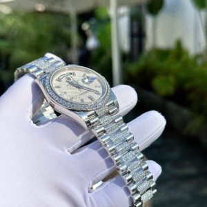 Đồng Hồ Rolex Day-Date Đính Đá Moissanite Mặt Số Thiên Thạch 40mm