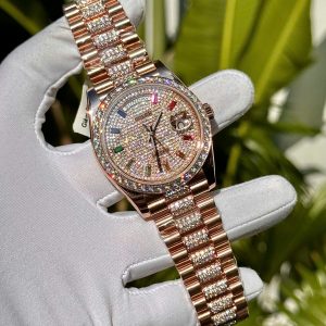 Đồng Hồ Rolex Day-Date Phủ Vàng Đính Moissanite Cọc Số 7 Màu 40mm (8)