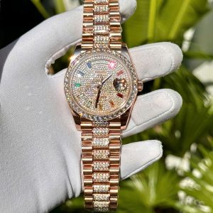 Đồng Hồ Rolex Day-Date Phủ Vàng Đính Moissanite Cọc Số 7 Màu 40mm (8)