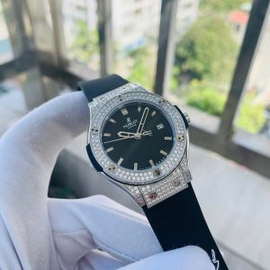 Đồng Hồ Hublot Nữ Đính Đá Dây Cao Su Màu Đen Máy Pin Nhật 34mm (1)