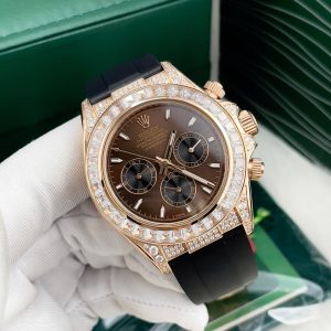 Đồng Hồ Rolex Nam Đính Đá Mặt Số Màu Chocolate Dây Cao Su Fake Nhật 40mm (2)