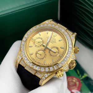 Đồng Hồ Rolex Nam Đính Đá Mặt Số Màu Vàng Dây Cao Su Fake Nhật 40mm (1)