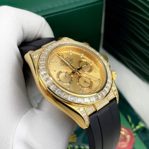 Đồng Hồ Rolex Nam Đính Đá Mặt Số Màu Vàng Dây Cao Su Fake Nhật 40mm (1)