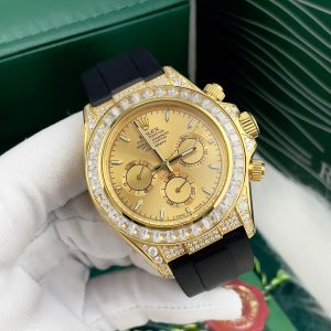 Đồng Hồ Rolex Nam Đính Đá Mặt Số Màu Vàng Dây Cao Su Fake Nhật 40mm (1)