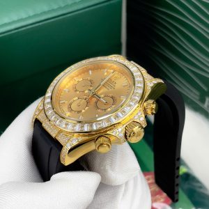 Đồng Hồ Rolex Nam Đính Đá Mặt Số Màu Vàng Dây Cao Su Fake Nhật 40mm (1)