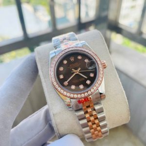 Đồng Hồ Rolex Nữ Đính Đá Fake Máy Nhật DateJust Mặt Nâu 31mm (7)
