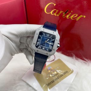 Đồng Hồ Cartier Automatic Nam Đính Đá Máy Cơ Màu Xanh Dương Fake Nhật 40mm (1)