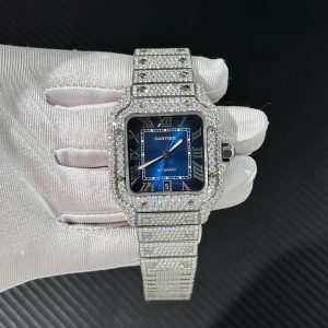 Đồng Hồ Cartier Santos Chế Tác Full Moissanite Hong Kong Mặt Xanh Blue (1)
