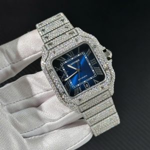 Đồng Hồ Cartier Santos Chế Tác Full Moissanite Hong Kong Mặt Xanh Blue (1)