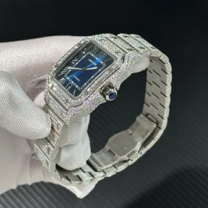 Đồng Hồ Cartier Santos Chế Tác Full Moissanite Hong Kong Mặt Xanh Blue (1)