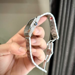 Đồng Hồ Cartier Santos Đính Đá Moissanite Hong Kong Mặt Số Nâu Xưởng BV (2)