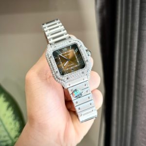 Đồng Hồ Cartier Santos Đính Đá Moissanite Hong Kong Mặt Số Nâu Xưởng BV (2)