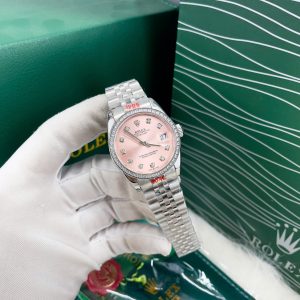 Đồng Hồ Nữ Rolex Fake Cao Cấp Máy Nhật Mặt Hồng Đính Đá DateJust 31mm (1)