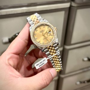 Đồng Hồ Rolex DateJust Chế Tác Hong Kong Phủ Vàng Thật Đính Đá Moissanite 41mm (5)