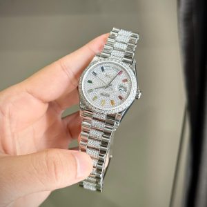 Đồng Hồ Rolex Day-Date Đính Full Đá Moissanite Hong Kong Cọc Số Rainbow 40mm