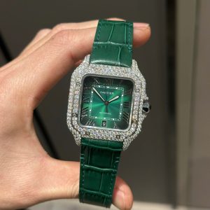 Đồng Hồ Cartier Santos Chế Tác Đá Moissanite Dây Da Màu Xanh Lá BVF (8)