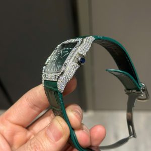 Đồng Hồ Cartier Santos Chế Tác Đá Moissanite Dây Da Màu Xanh Lá BVF (8)