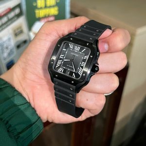 Đồng Hồ Cartier Santos Gốm Đen Dây Cao Su Replica Xưởng BV (9)