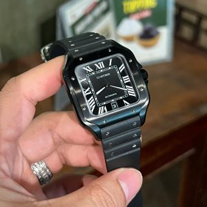 Đồng Hồ Cartier Santos Gốm Đen Dây Cao Su Replica Xưởng BV (9)