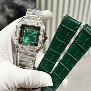 Đồng Hồ Cartier Santos Mặt Xanh Lá Cây Chế Tác Đính Đá Moissanite HK (2)