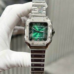 Đồng Hồ Cartier Santos Mặt Xanh Lá Cây Chế Tác Đính Đá Moissanite HK (2)
