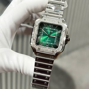 Đồng Hồ Cartier Santos Mặt Xanh Lá Cây Chế Tác Đính Đá Moissanite HK (2)
