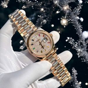 Đồng Hồ Rolex Chế Tác Phủ Vàng Hồng 18K Mặt Số Đính Đá Moissanite Hong Kong 40mm (5)