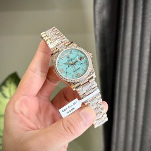 Đồng Hồ Rolex Day-Date 128345RBR Mặt Số Đá Xanh Phủ Vàng Đính Moissanite 36mm (7)