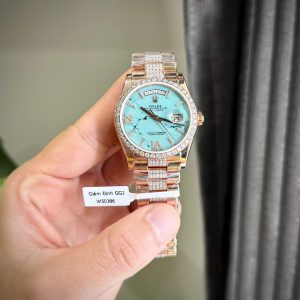 Đồng Hồ Rolex Day-Date 128345RBR Mặt Số Đá Xanh Phủ Vàng Đính Moissanite 36mm (7)