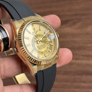 Đồng Hồ Rolex Nam Rep 1:1 Mặt Vàng Sky Dweller Dây Cao Su Màu Đen 42mm (6)