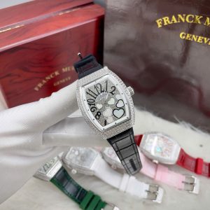 Đồng Hồ Franck Muller V32 Nữ Đính Đá Trái Tim Dây Cao Su Màu Đen Siêu Cấp 36mm (1)